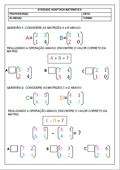 Atividade Adaptada-Operações de Matrizes - Cantinho da Inclusão