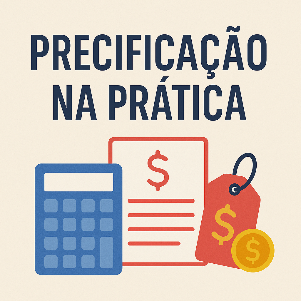 Imagem do produto Precificação na Prática, mostrando o workbook e ferramentas de precificação.