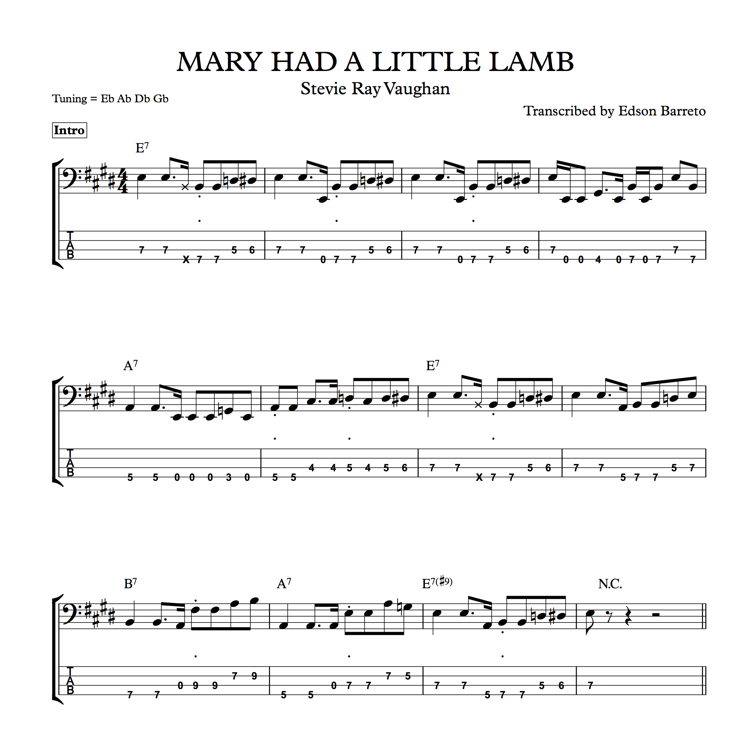 Cover image for Online course MARY HAD A LITTLE LAMB (Stevie Ray Vaughan) Bass Transcription, Score & Tab Lesson
