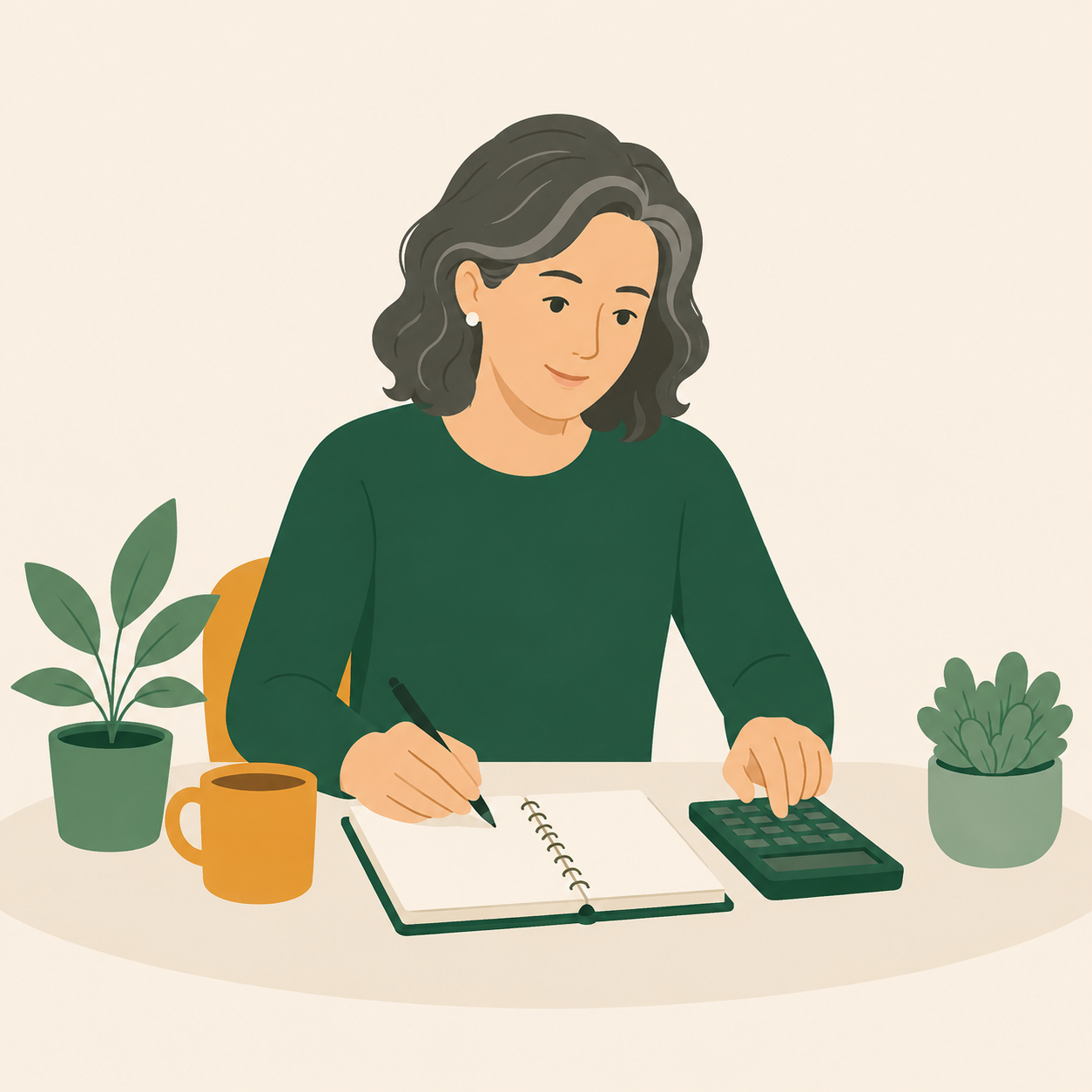 Ilustración de una persona ordenando sus finanzas con calma, con una libreta y una calculadora
