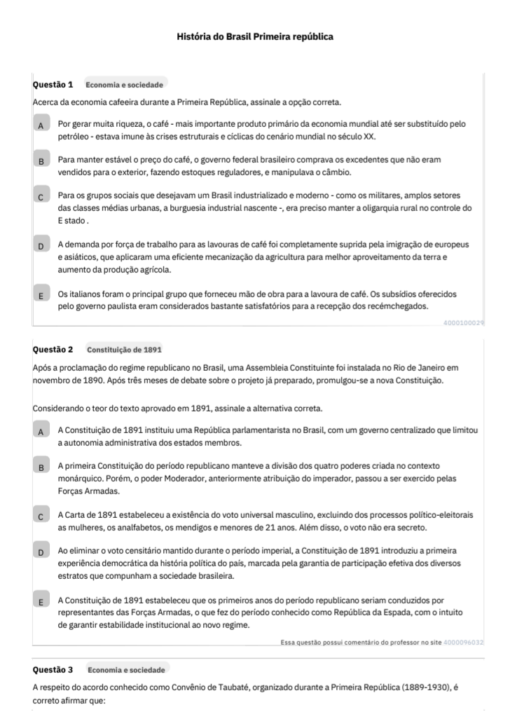 390 Questões de Primeira República - com gabarito - História do Bra...