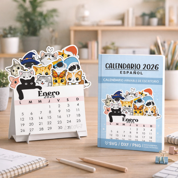 Calendario Armable 2026 - Estilo Gatos - PDF, SVG, PNG, DXF y CAMEO...