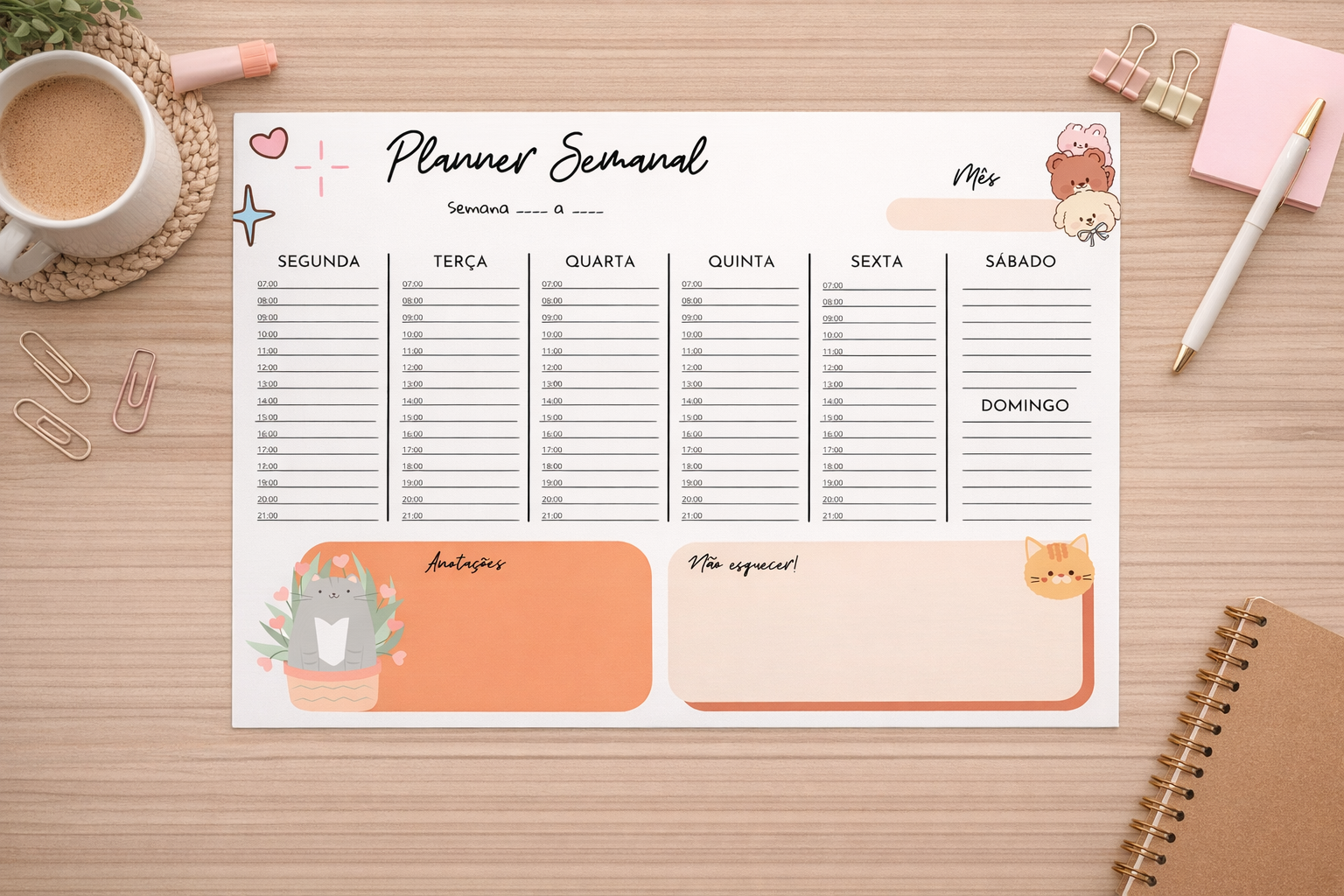 Planner Semanal com Horários – Organize sua Semana com Clareza e Le...
