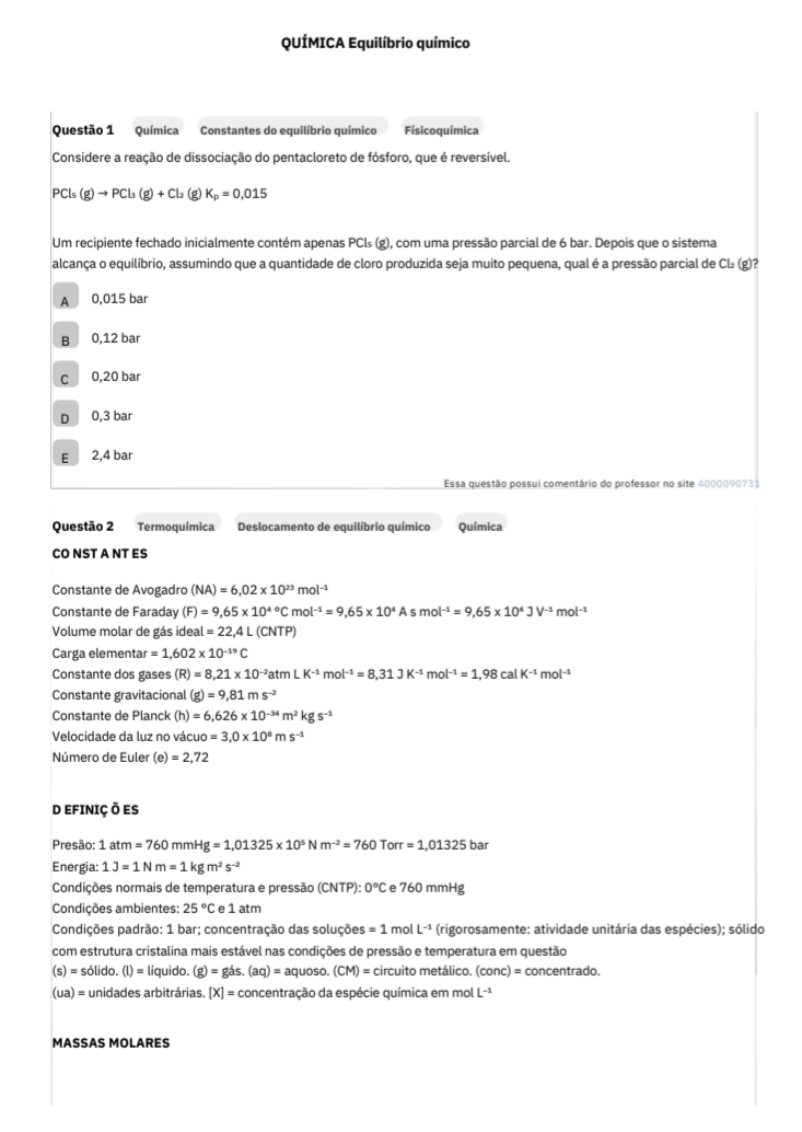 60 Questões sobre Equilíbrio químico - com gabarito - Química para ...