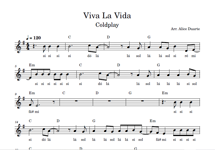 Viva La Vida (Coldplay) - Partitura Facilitada em Sol Maior - Alice...