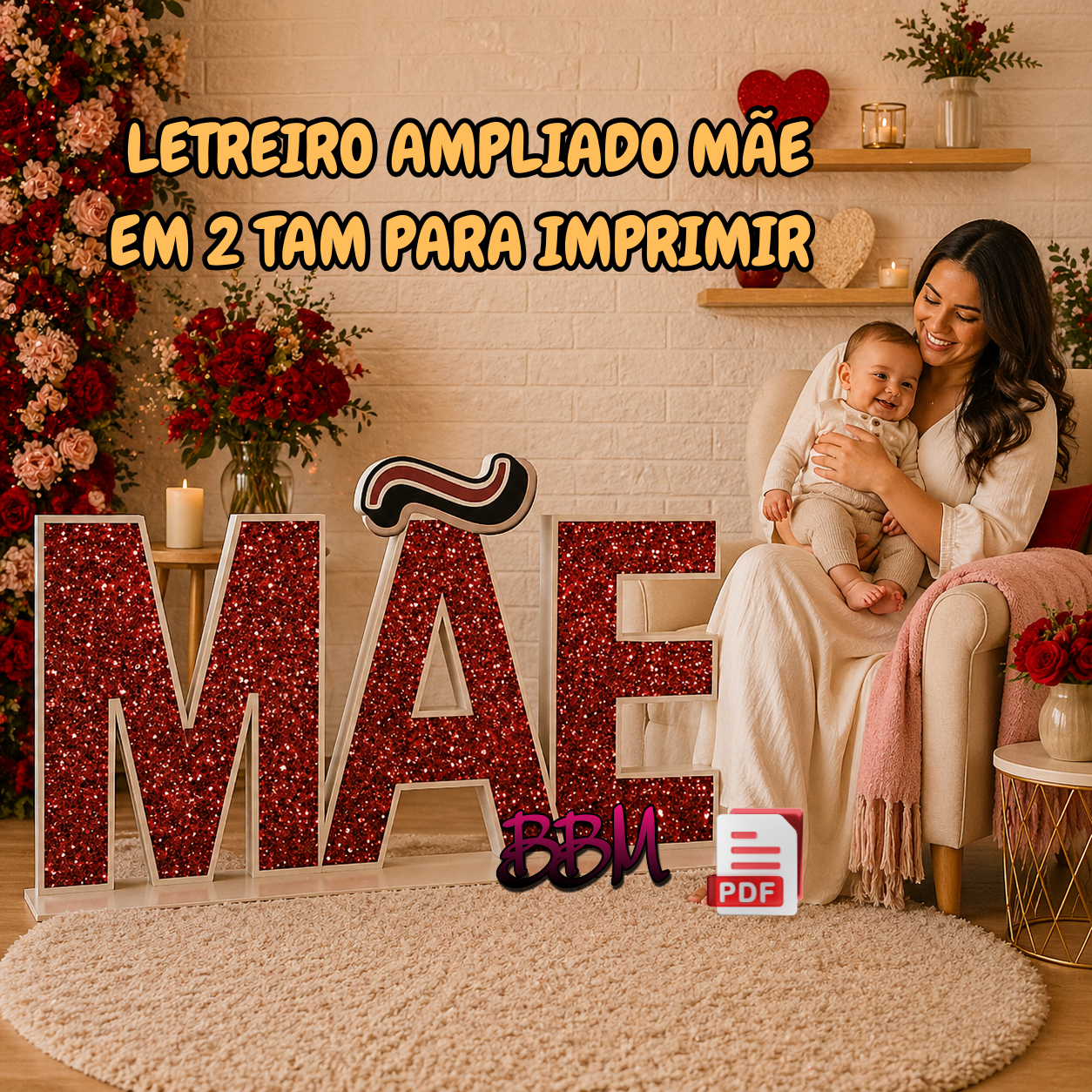 Decoração com Letreiro Ampliado Mãe na cor Vermelho❤️ 😍 Para display de chão ou painel 🖨️