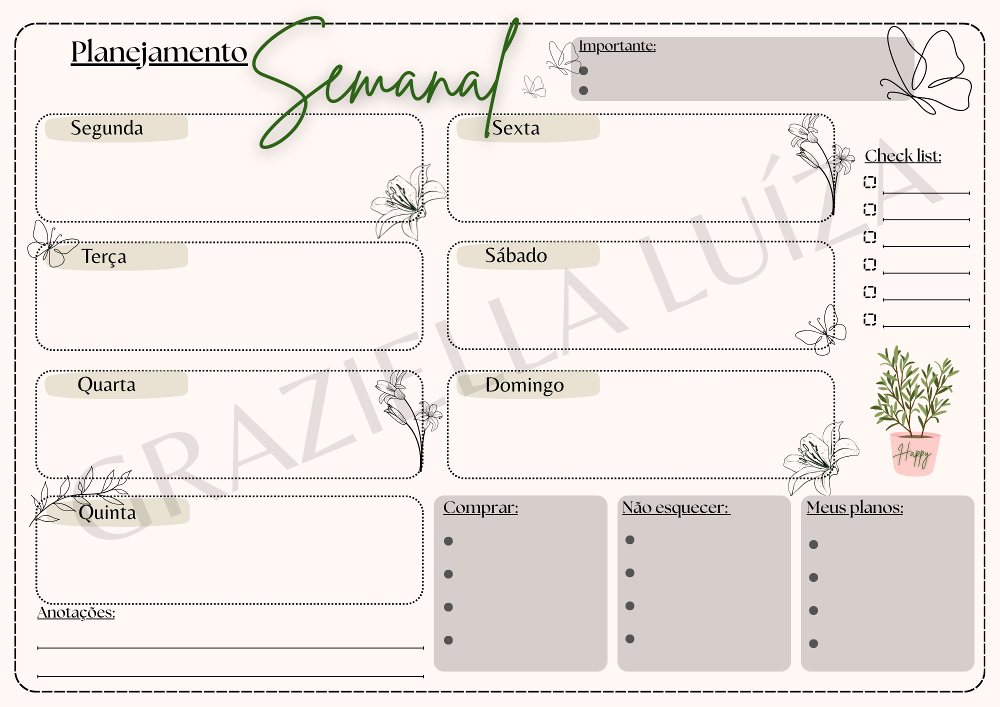 Planner Semanal Digital - Clean - Grazi Luiza | Hotmart