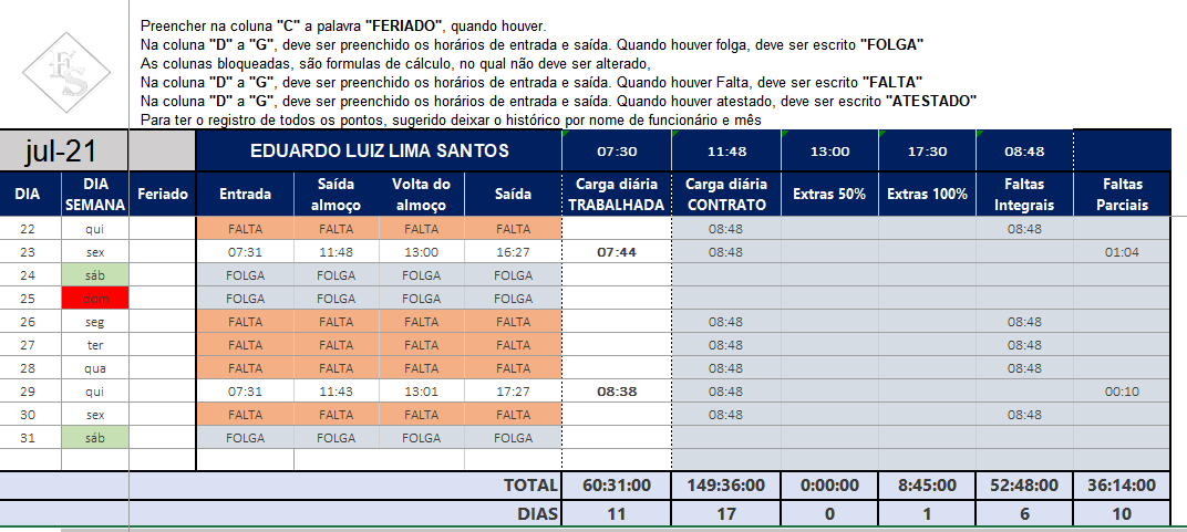 Planilha de Controle de Horas e Escala de Trabalho