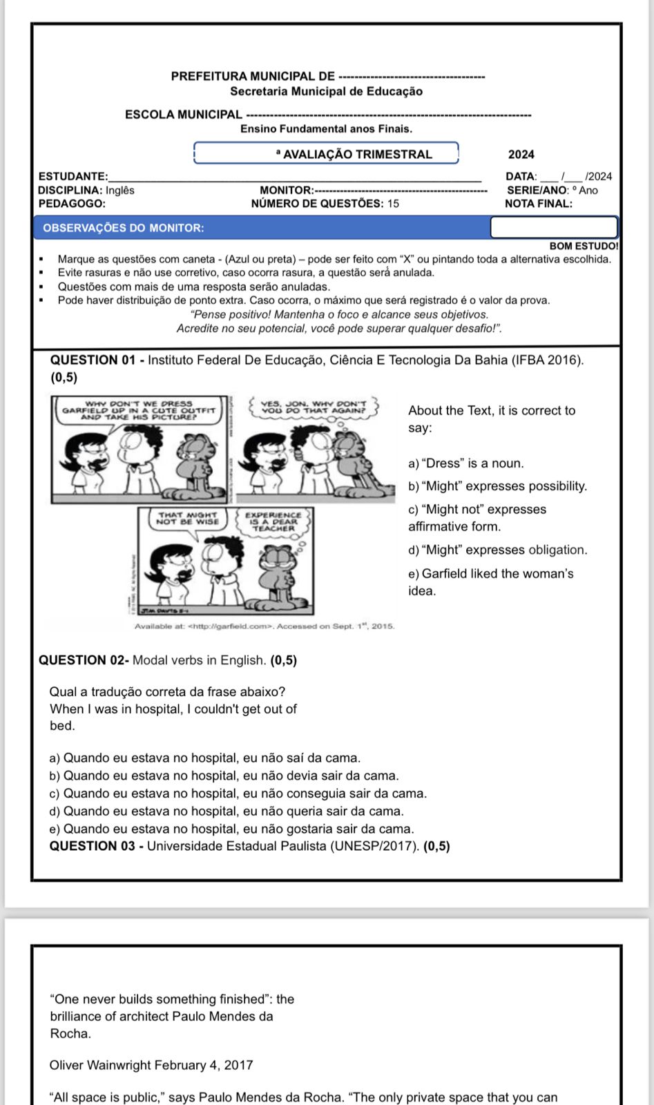 Prova de Inglês completa com gabarito: Avaliação de Competências pa...