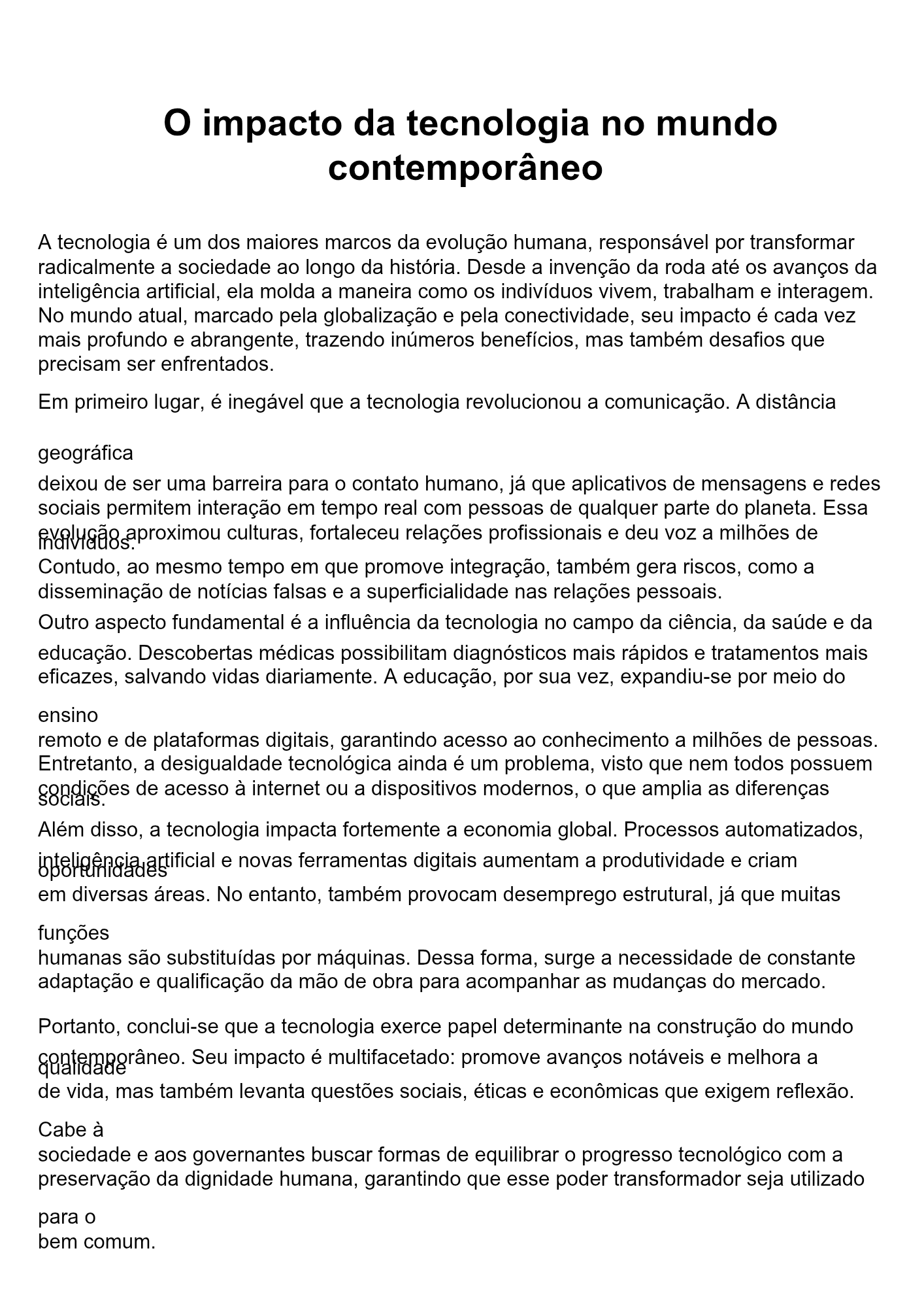 Redação. O impacto da tecnologia no mundo contemporâneo - Carolina ...