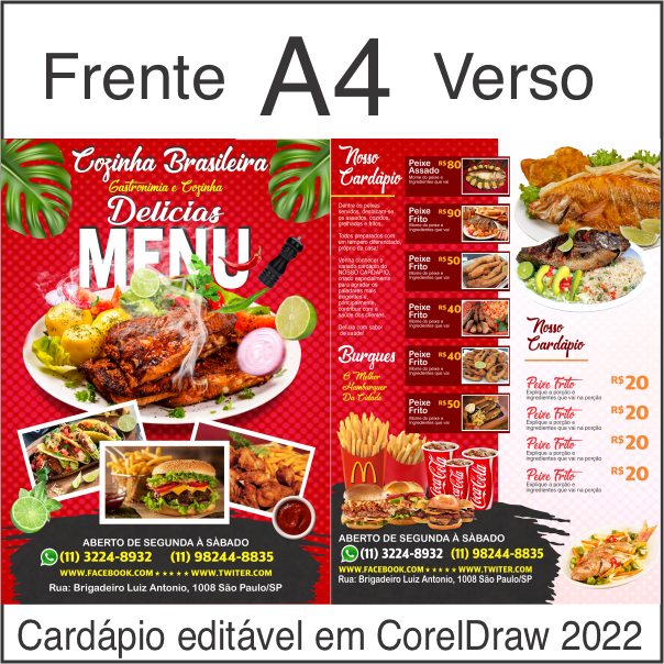 Lindo Cardápio Frente e Verso de Restaurante tamanho A4 em Corel Draw Profissional 2022.