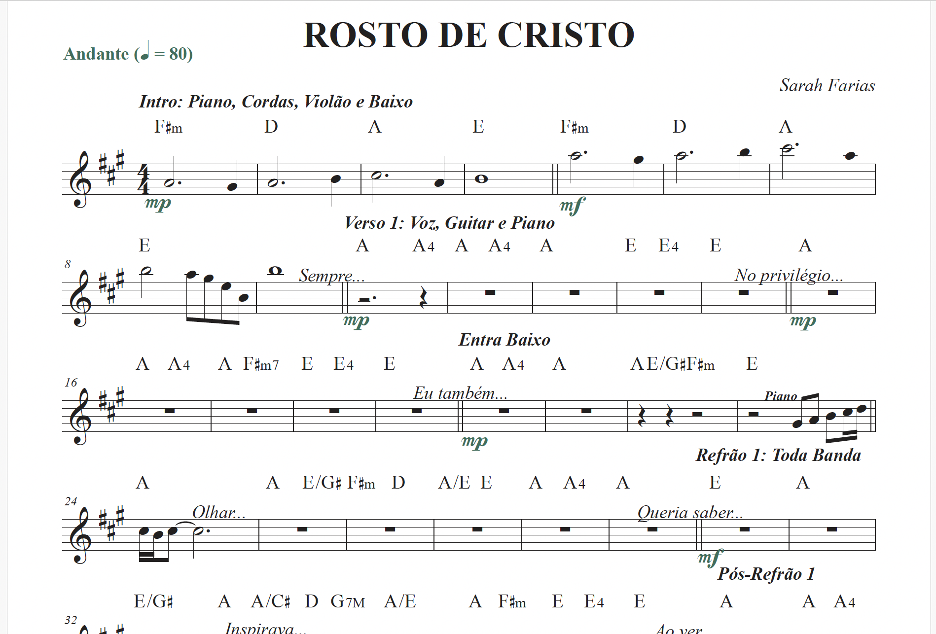 O Rosto de Cristo - Sarah Farias (Partitura para Teclado e Banda)