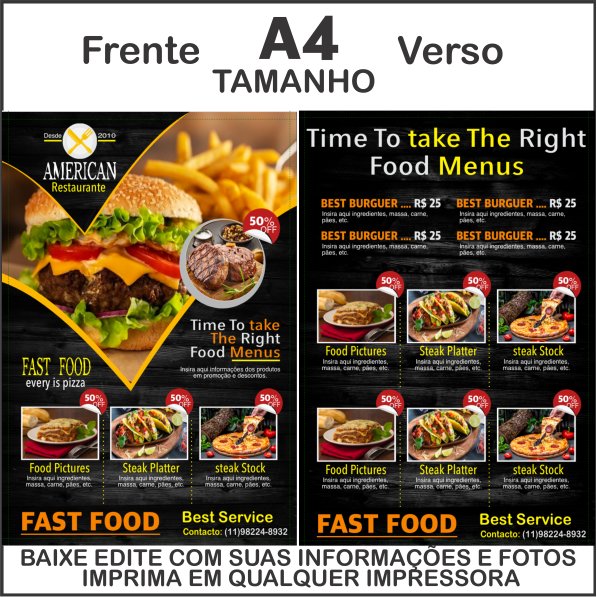 Lindo Cardápio Frente Verso de Restaurante tamanho A4 em Corel Draw Profissional 2022
