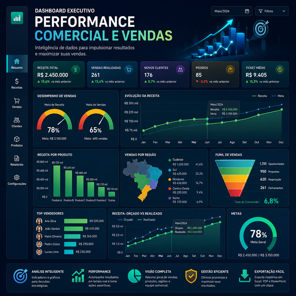 Prévia da planilha Dashboard Executivo de Performance Comercial e Vendas