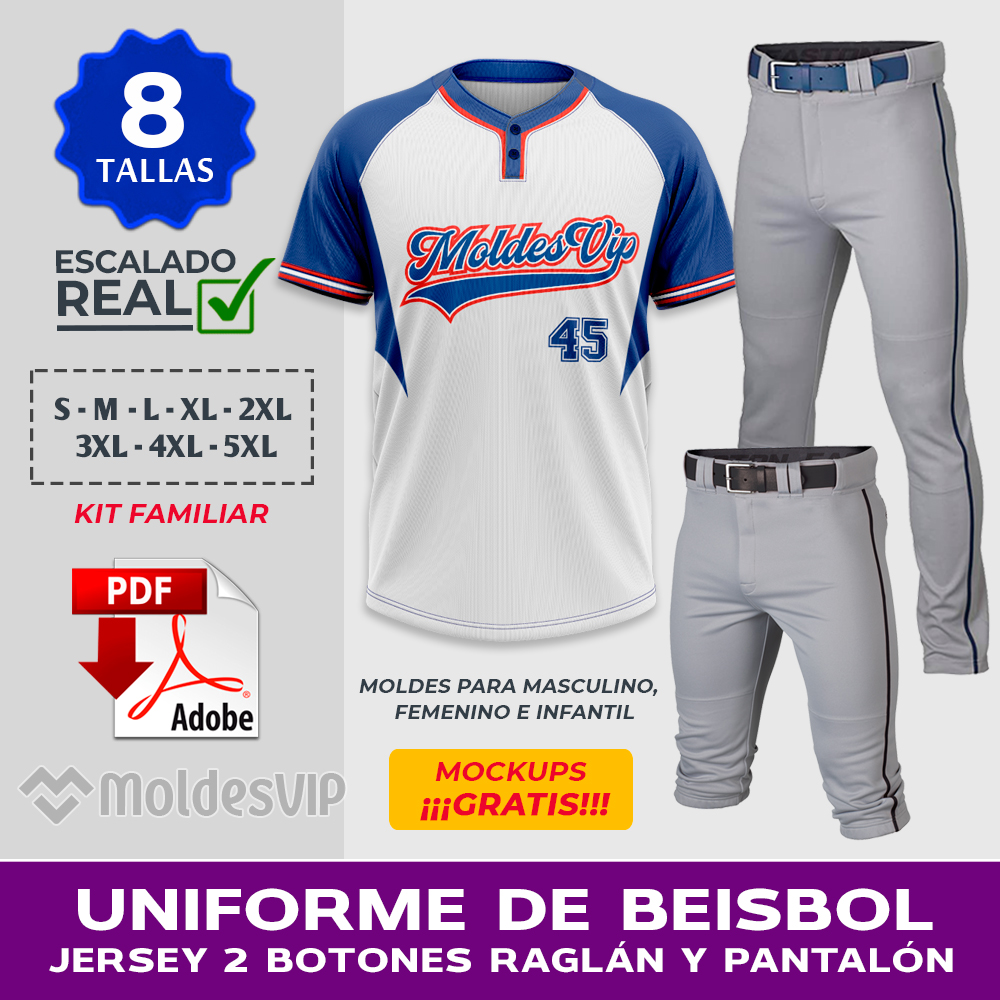 MOLDES UNIFORME DE BEISBOL CAMISA 2 BOTONES RAGLÁN, PANTALON Y BERM...