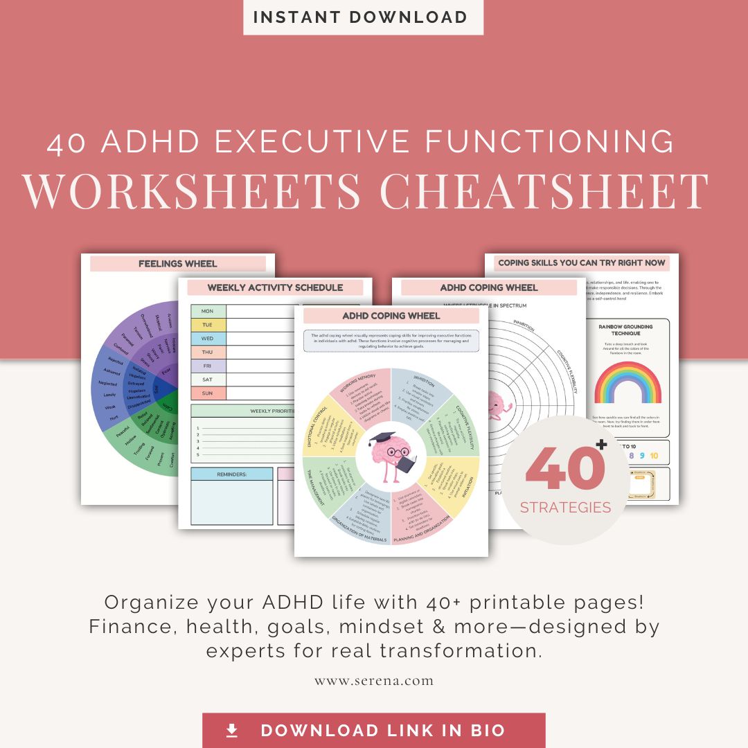 40 ADHD Executive Functioning Worksheets cheatsheet | Hotmart