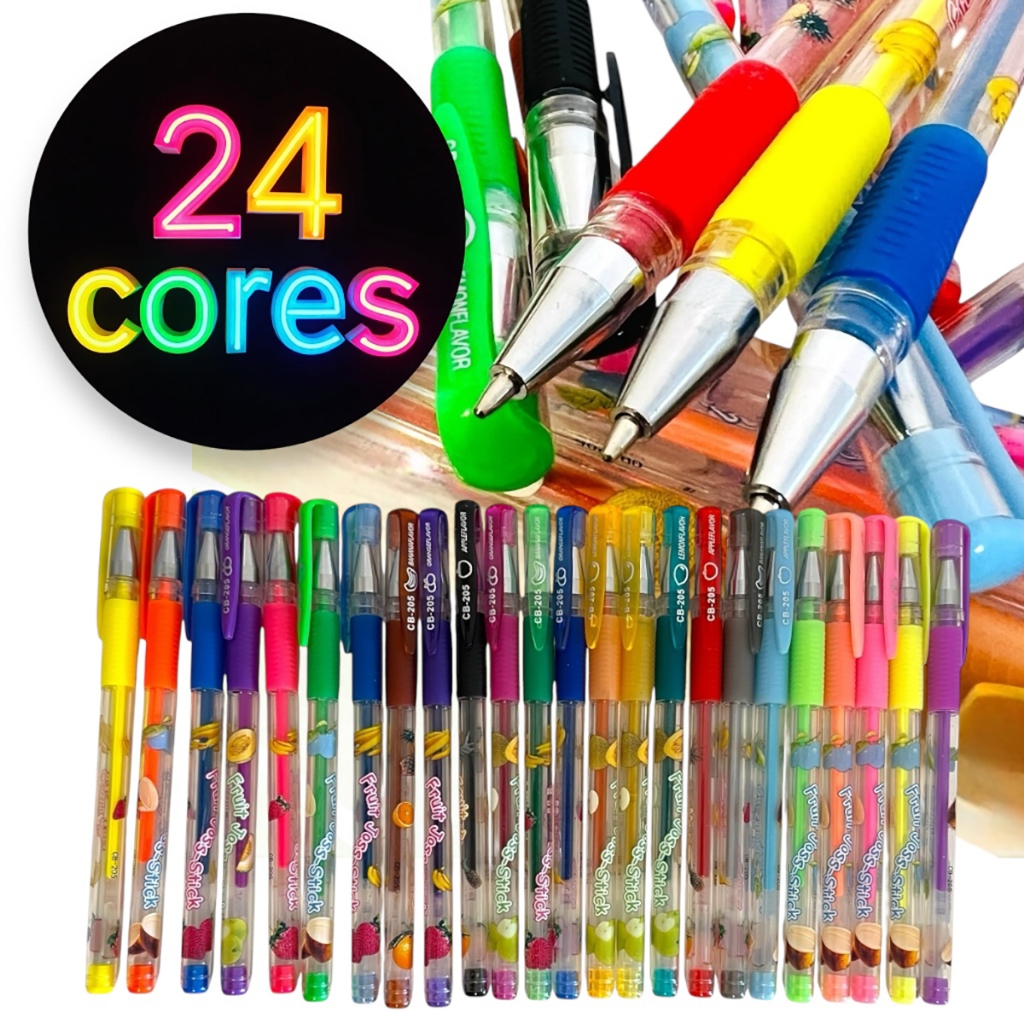 kit com 24 Canetas Gel Coloridas Perfumadas Glitter Neon Pastel col...