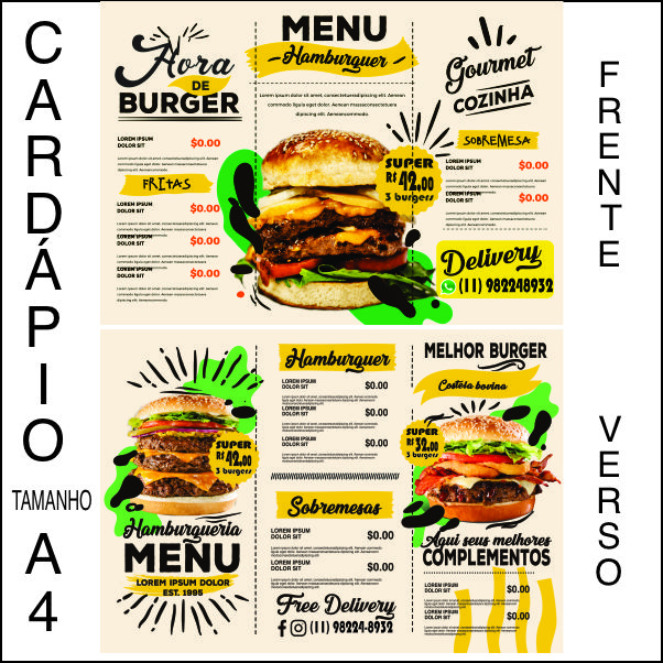 Cardápio Frente Verso tamanho A4 com 3 dobras em Corel Draw Profiss...