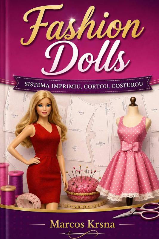 Capa do livro Fashion Dolls, mostrando um livro aberto com desenhos de roupas de boneca e algumas bonecas pequenas vestidas com roupas feitas à mão.