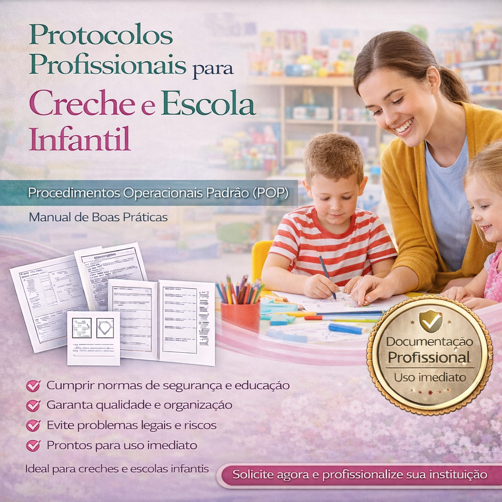 PACK COM 61 DOCUMENTOS: POP'S CRECHES, MANUAL DE BOAS PRÁTICAS, FICHAS DE AVALIAÇÃO E FICHAS DE CONTROLE
