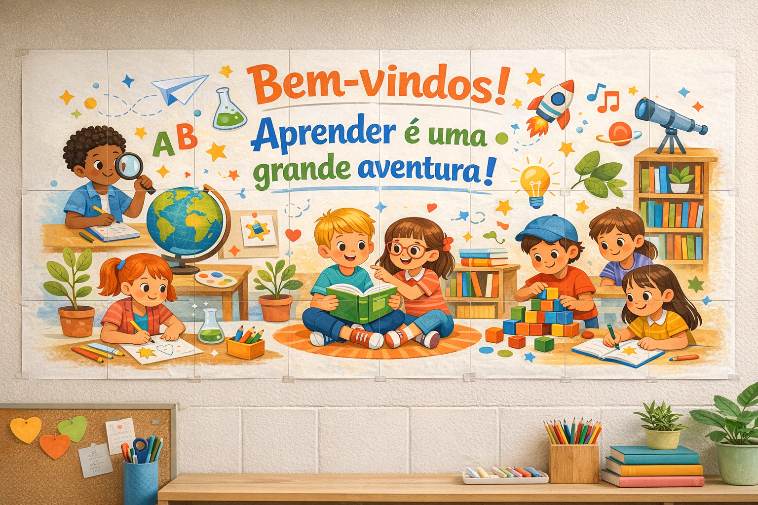 Mural Volta às Aulas Fundamental I – Painel Ilustrado em A4 para Im...